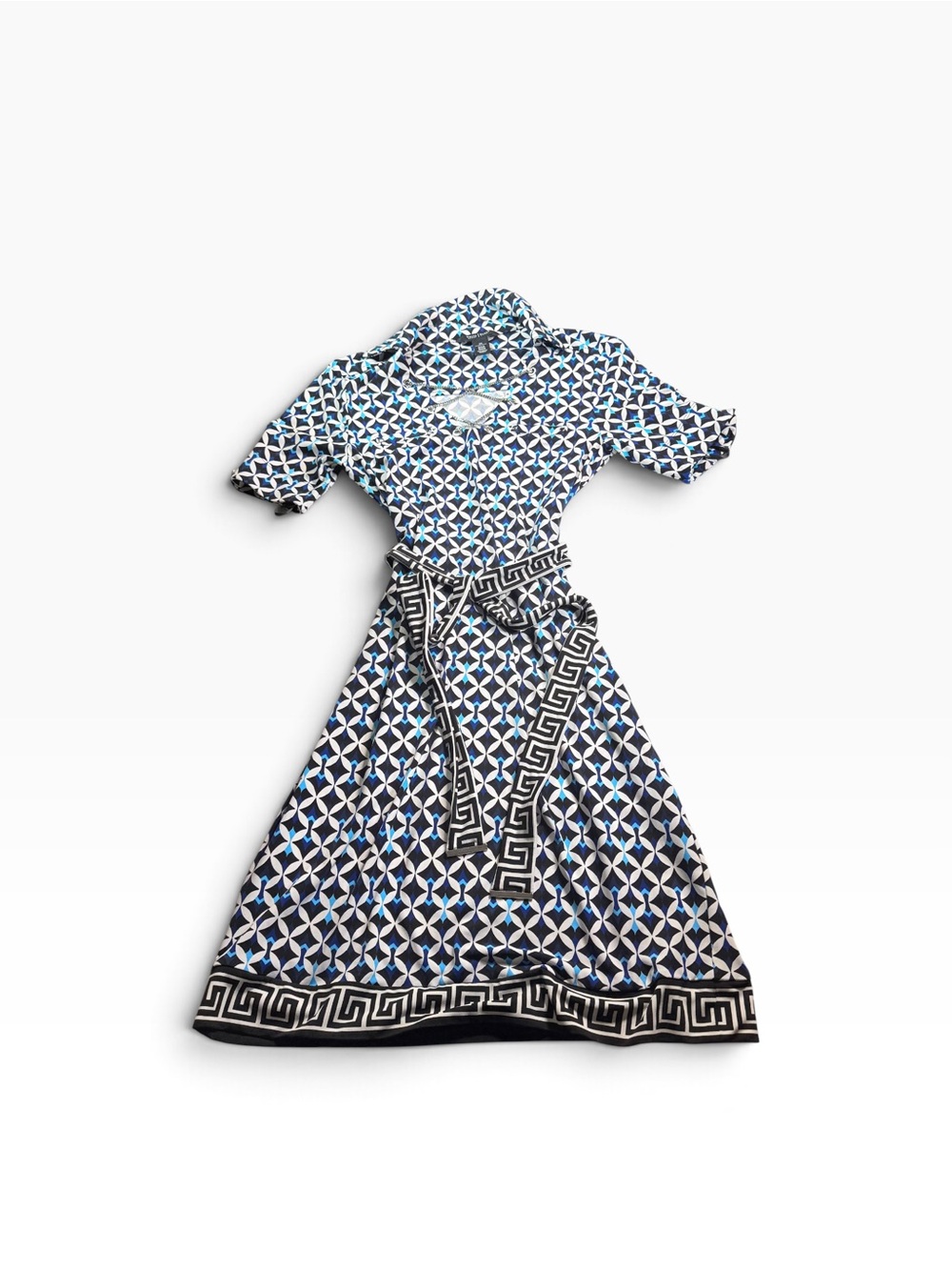 White House Black Market Blue, Black & White Geometric Wrap Midi Dress